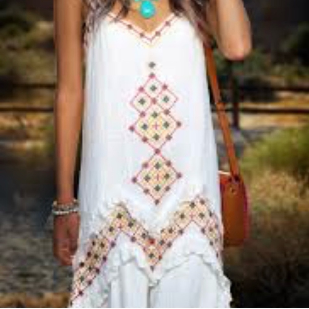 Max Studio White Maxi Dress with Colorful Embroidery